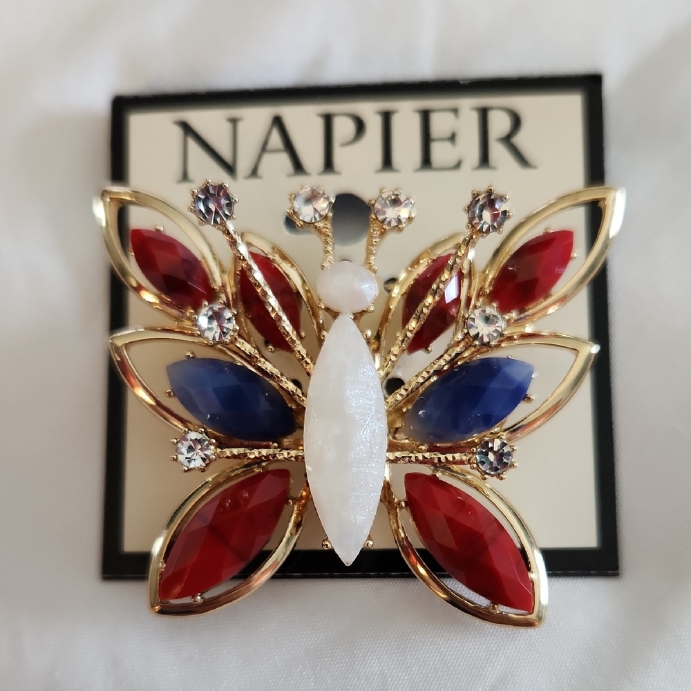 Napier Red and Blue Butterfly Brooch with Gold Details